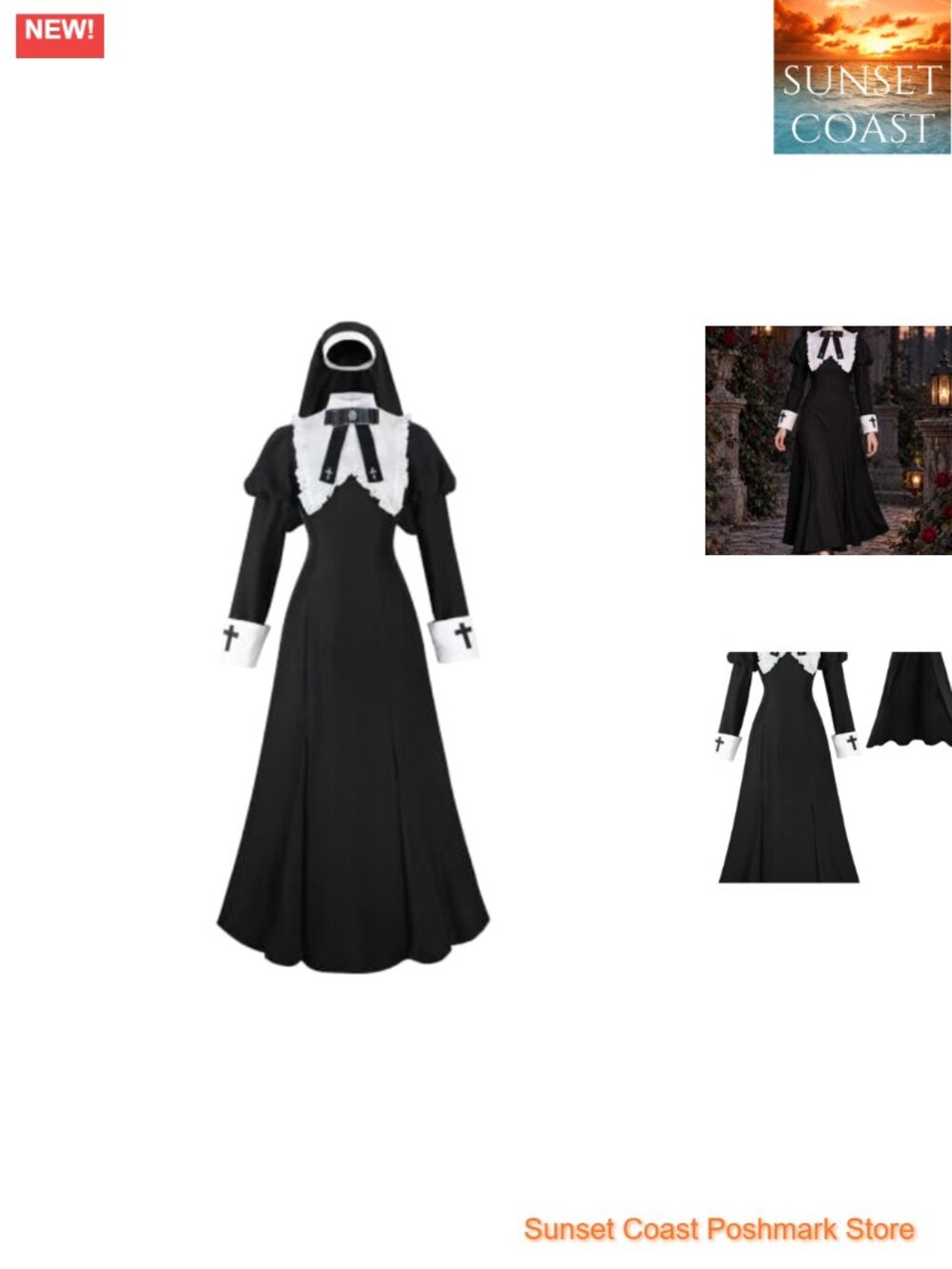 Women's Nun Costume 4 Piece Set Black Dress Headpiece Halloween Cosplay